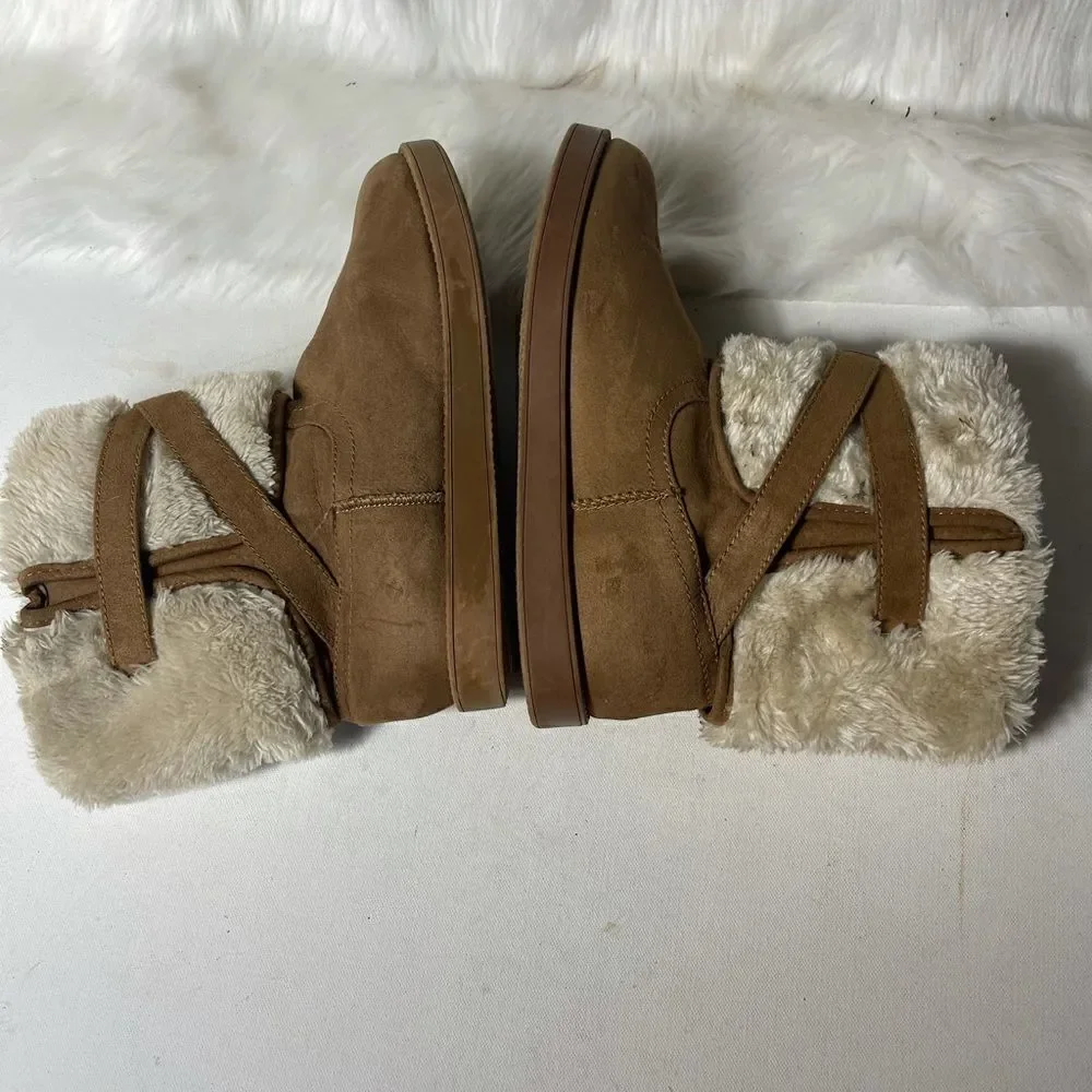 G by Gess tan suede faux fur ankle boots with side buckle slip on.
